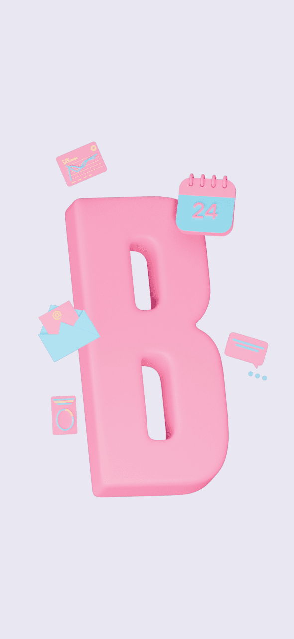 Bitrix24 redesign poster: a pink 3D letter B with floating calendar and chat icons